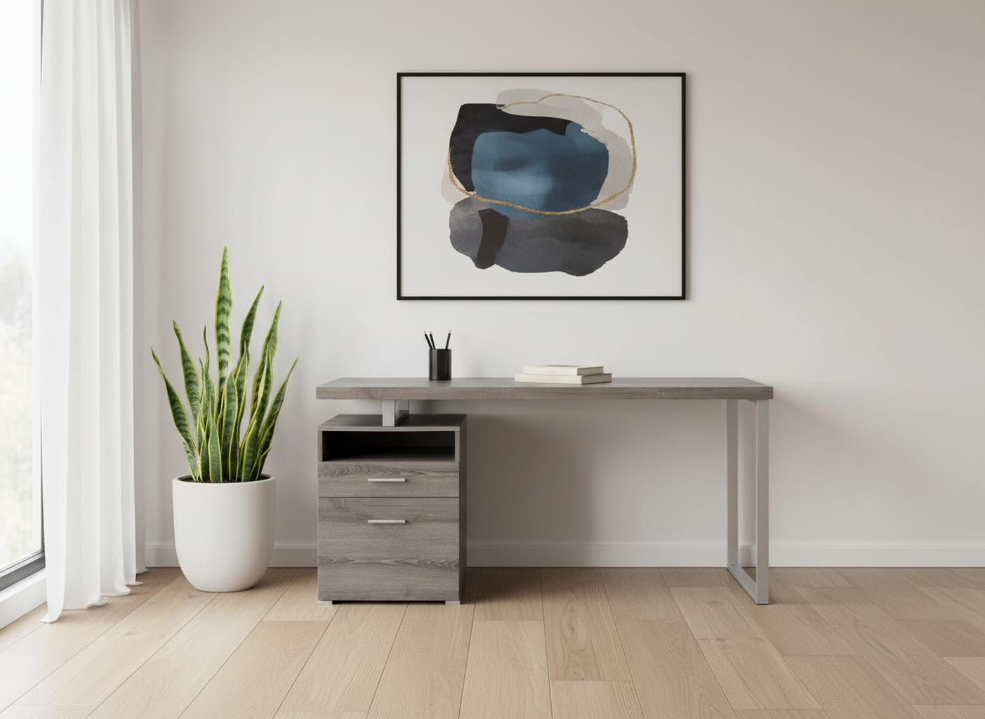 60" Taupe and Silver Computer Desk With Two Drawers