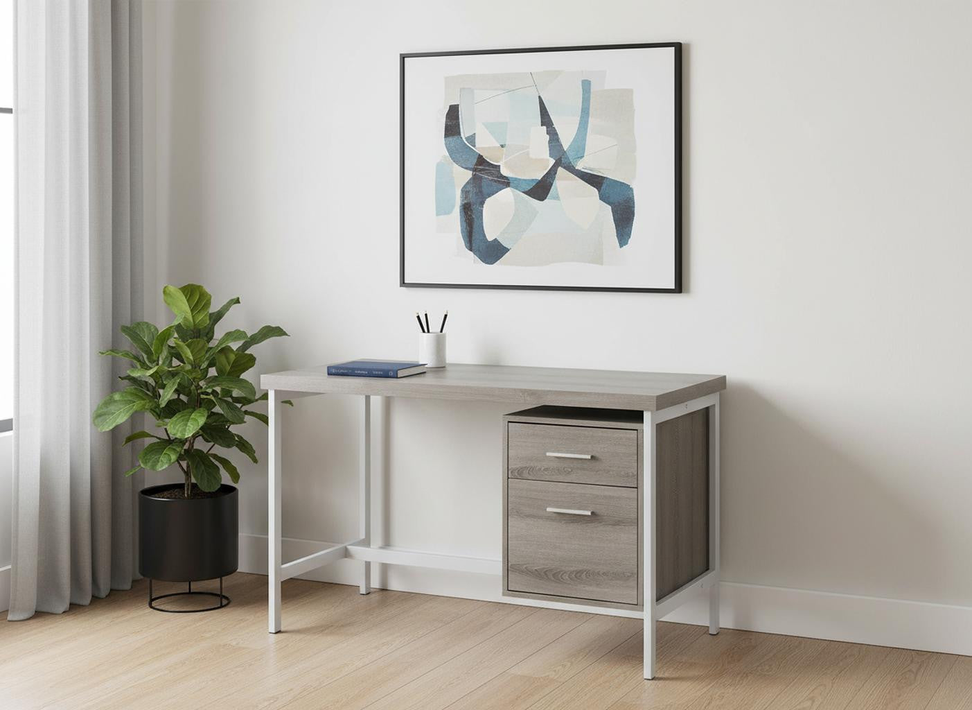 47" Taupe and Silver Computer Desk With Two Drawers
