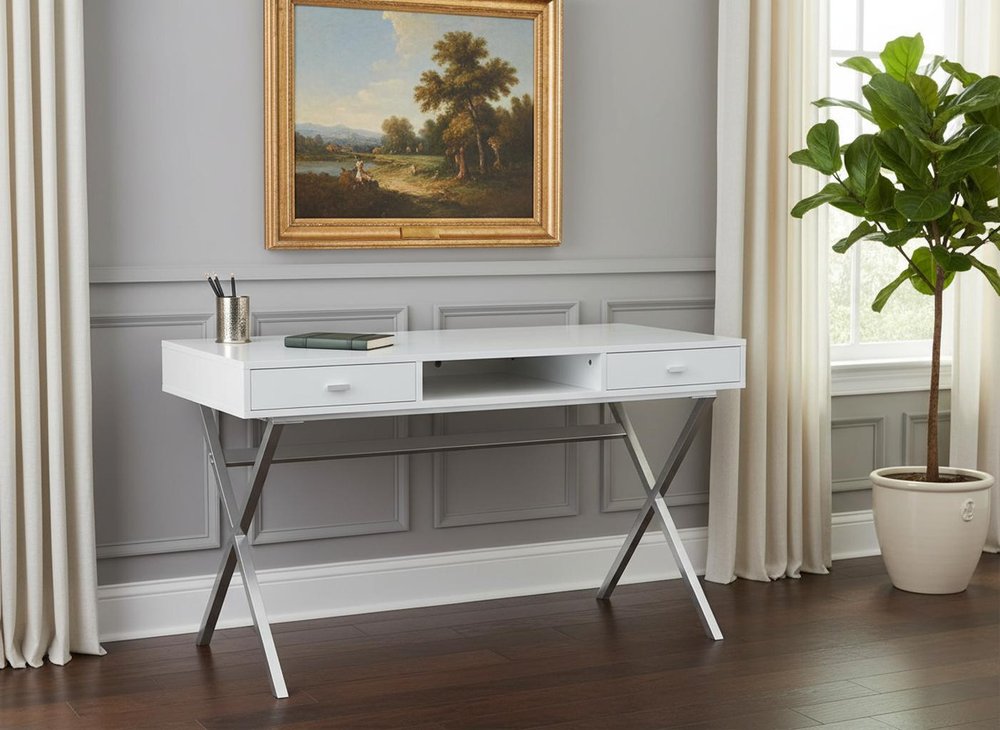 24" White and Silver Computer Desk With Two Drawers