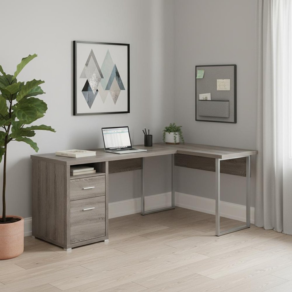 47" Taupe and Silver L Shape Computer Desk With Two Drawers