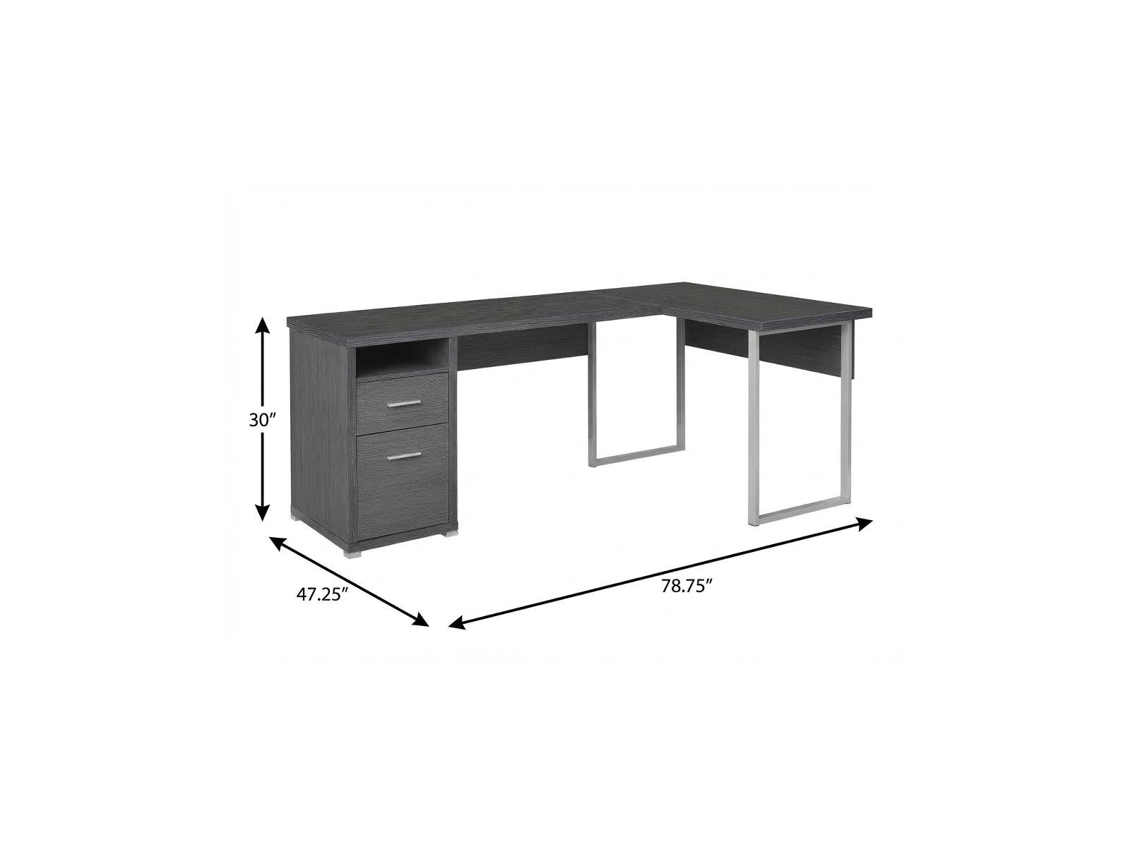 79" Gray and Silver L Shape Computer Desk With Two Drawers