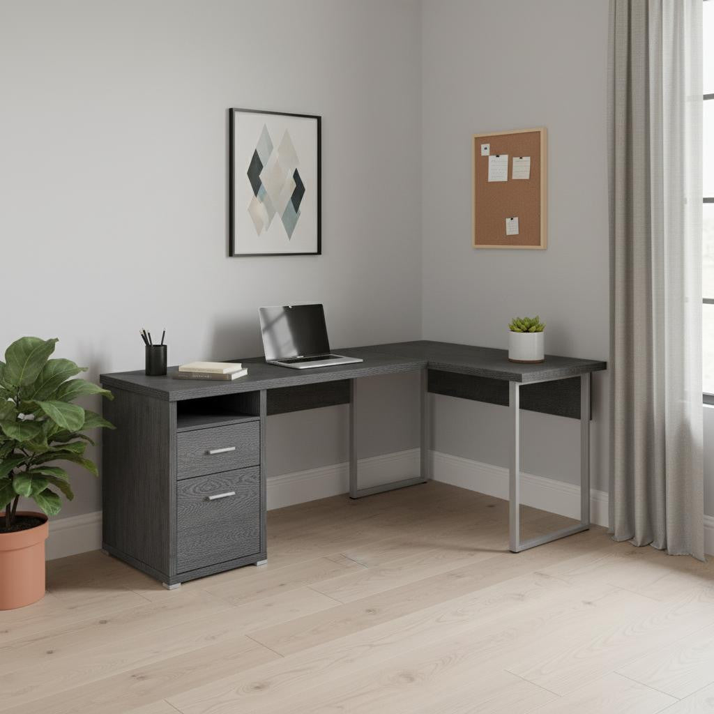 79" Gray and Silver L Shape Computer Desk With Two Drawers