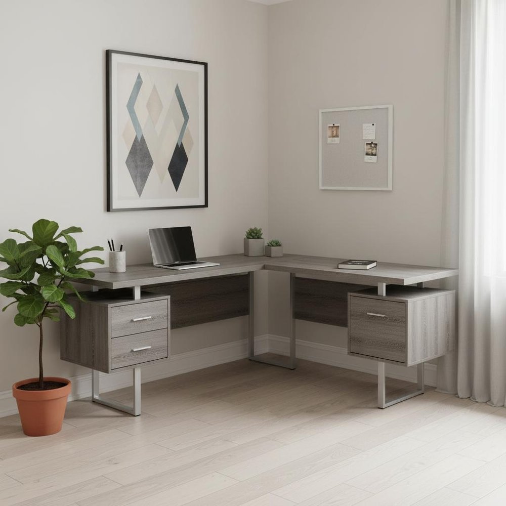 71" Taupe and Silver L Shape Computer Desk With Three Drawers