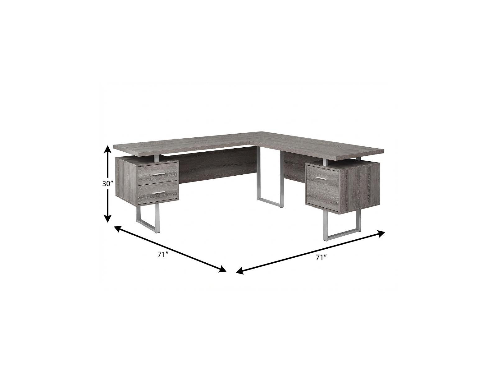 71" Taupe and Silver L Shape Computer Desk With Three Drawers