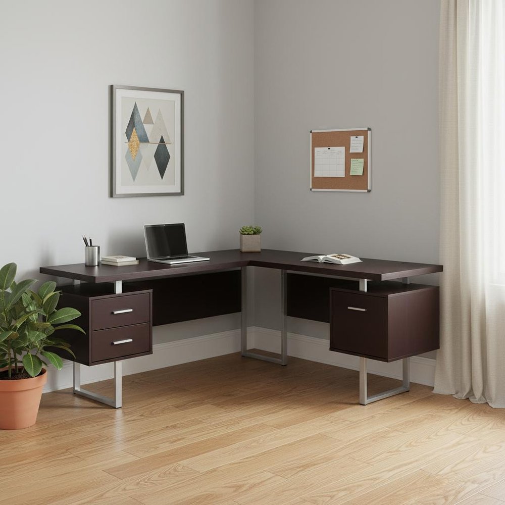 71" Taupe and Silver L Shape Computer Desk With Three Drawers