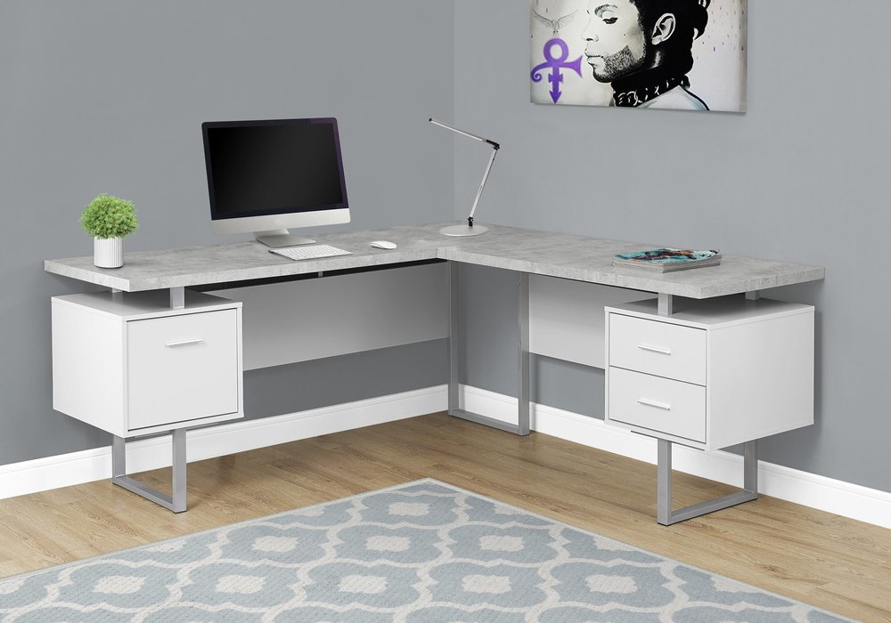 71" Taupe and Silver L Shape Computer Desk With Three Drawers