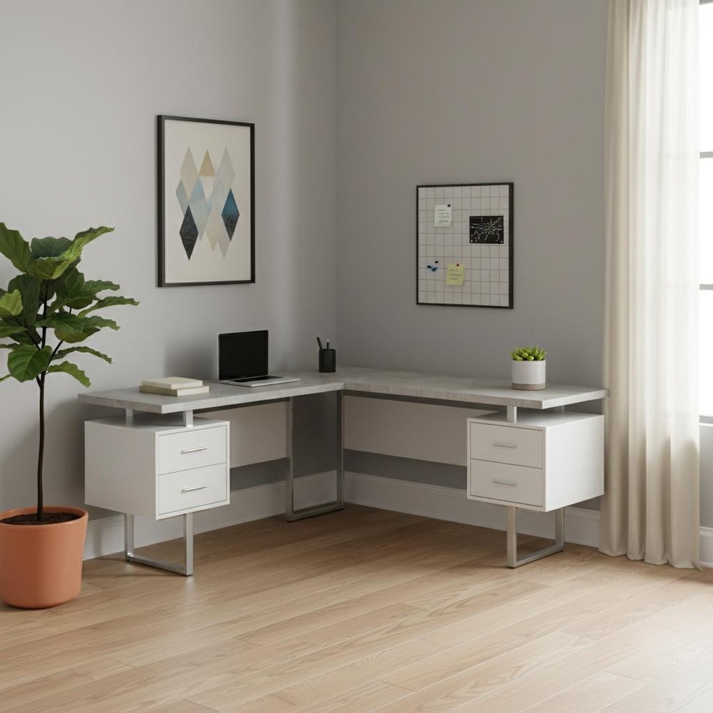 71" Taupe and Silver L Shape Computer Desk With Three Drawers