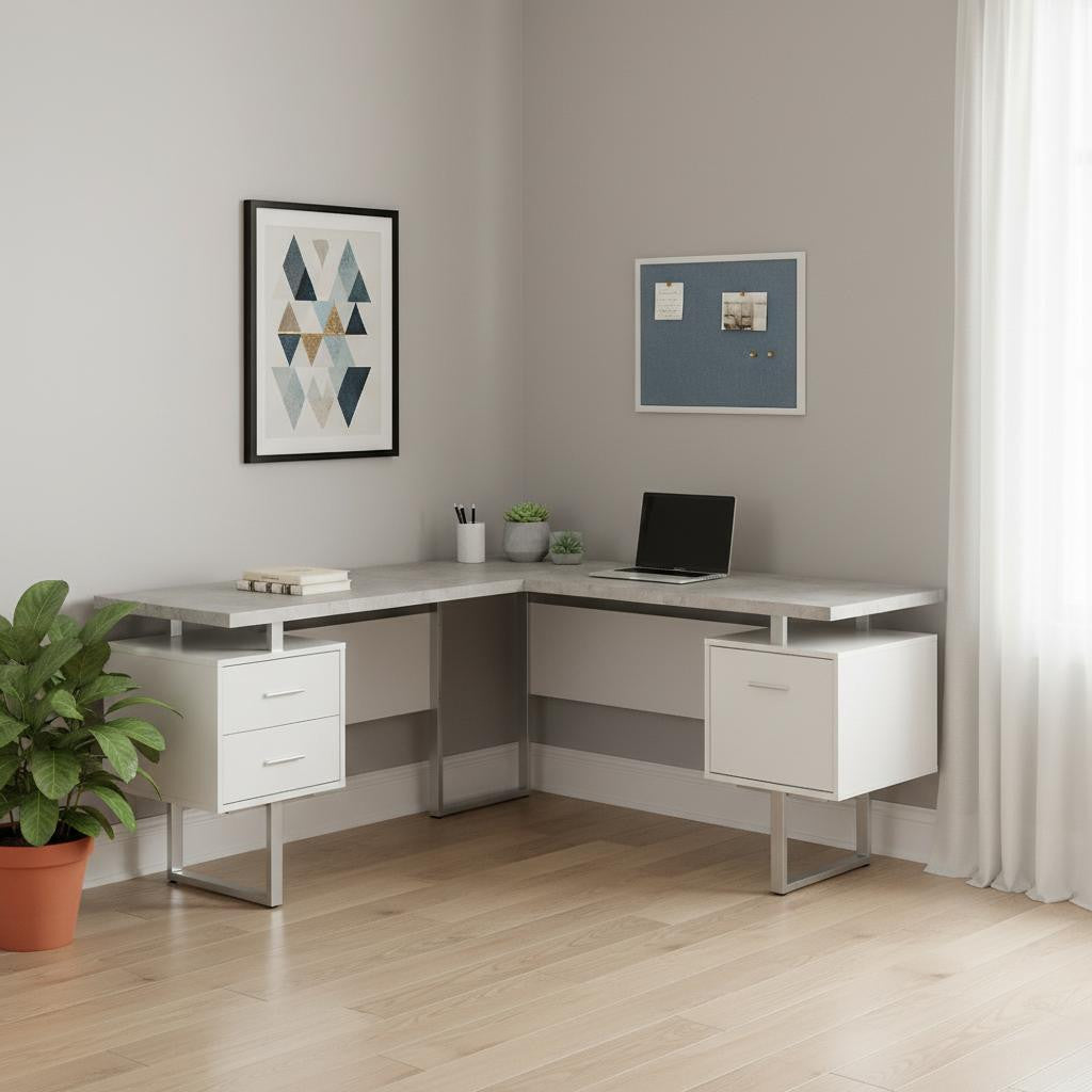 71" Gray and Silver L Shape Computer Desk With Three Drawers