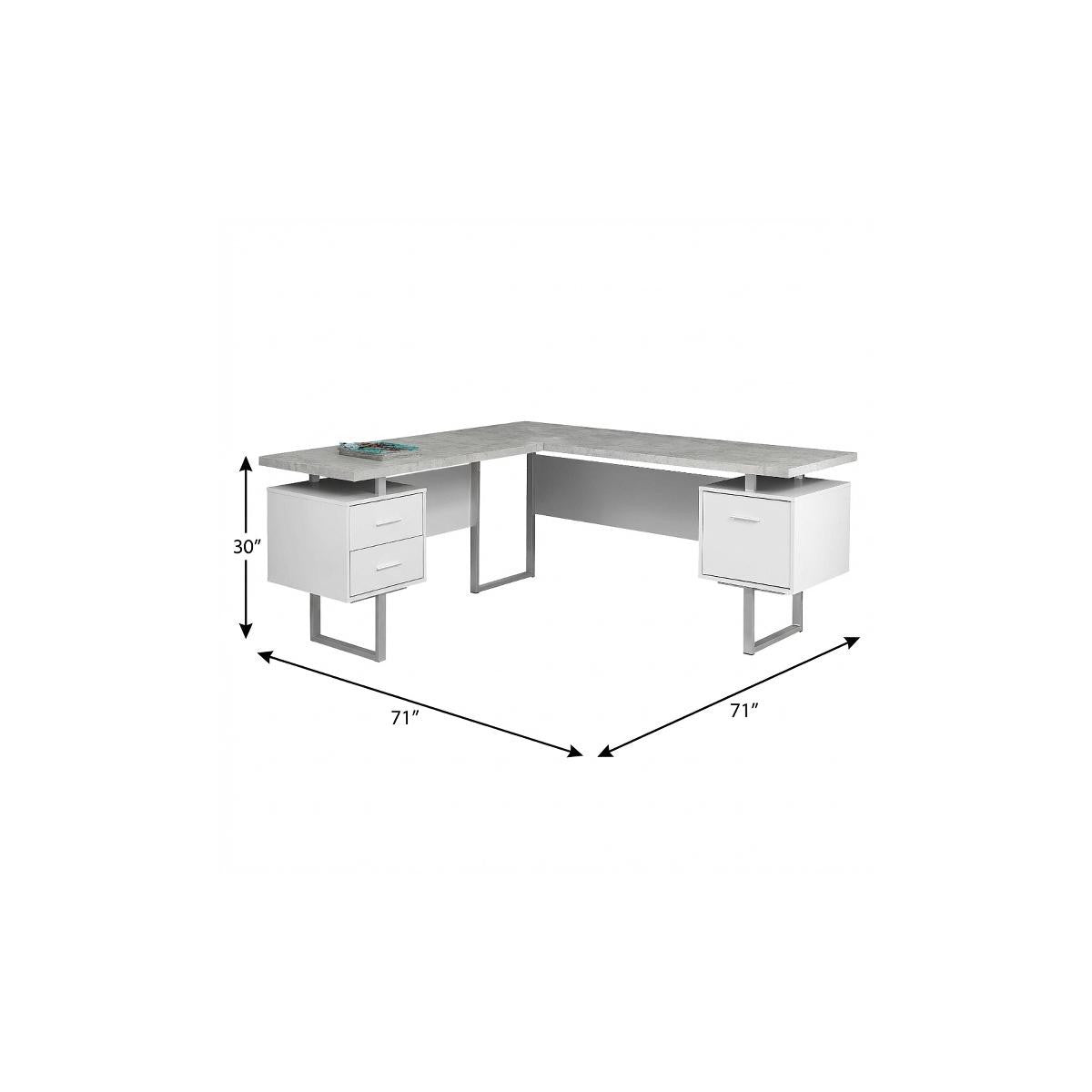 71" Gray and Silver L Shape Computer Desk With Three Drawers