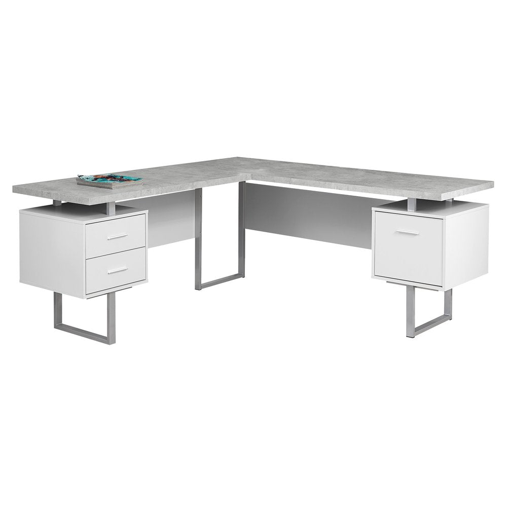 71" Taupe and Silver L Shape Computer Desk With Three Drawers