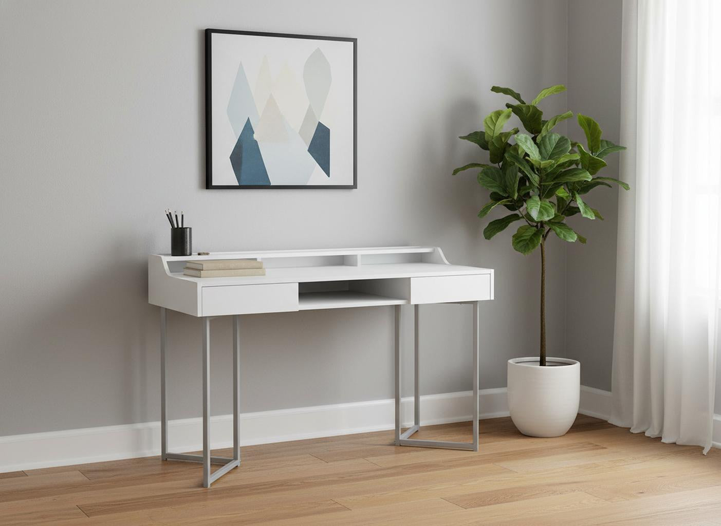 48" White and Silver Writing Desk With Two Drawers