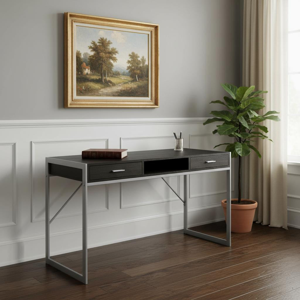 48" Dark Brown and Silver Computer Desk With Two Drawers
