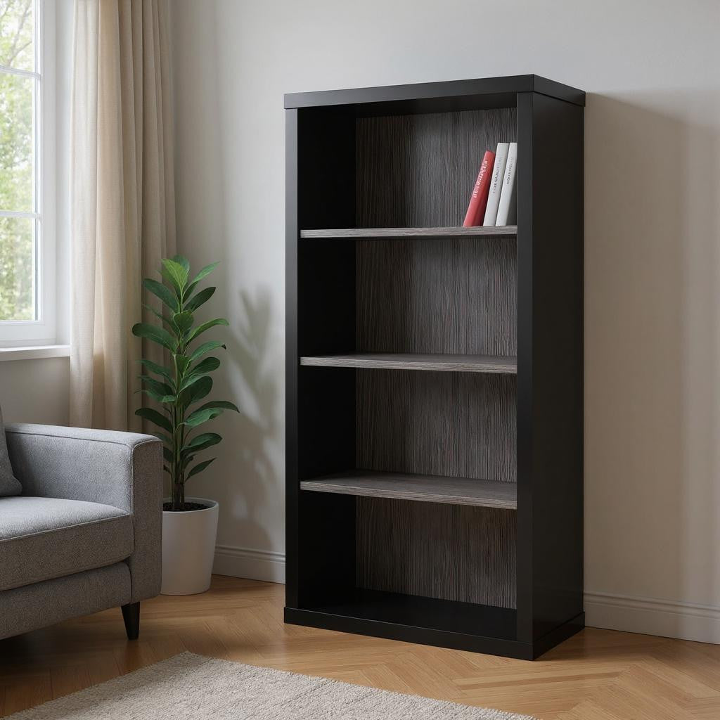 48" Black And Gray Distressed Wood Adjustable Four Tier Bookcase