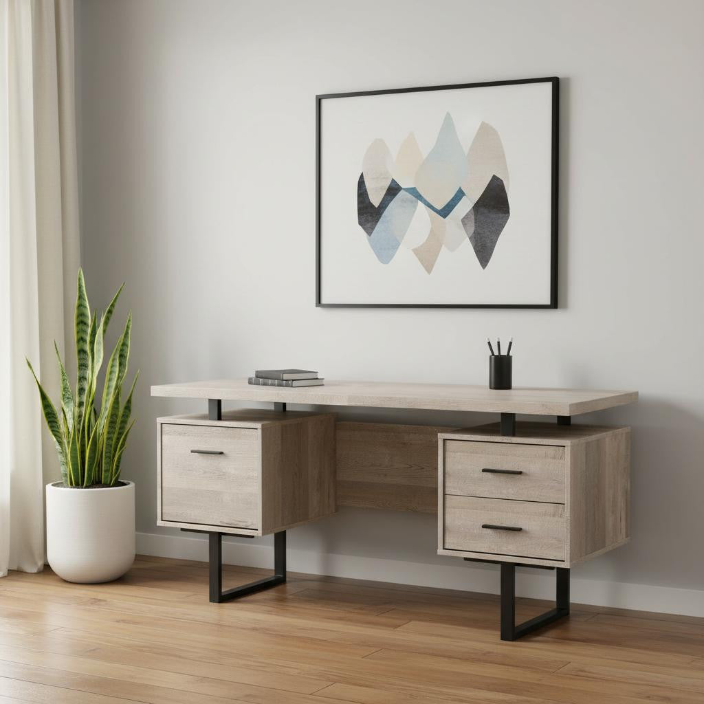 60" Taupe and Black Computer Desk With Three Drawers