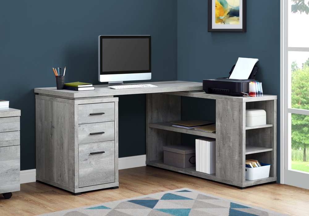 60" Gray L Shape Computer Desk With Three Drawers