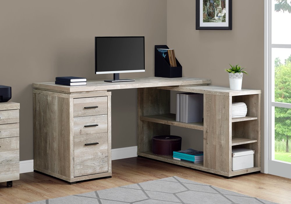 60" Gray L Shape Computer Desk With Three Drawers