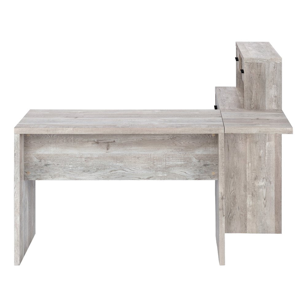 63" Taupe L Shape Computer Desk With Eight Drawers