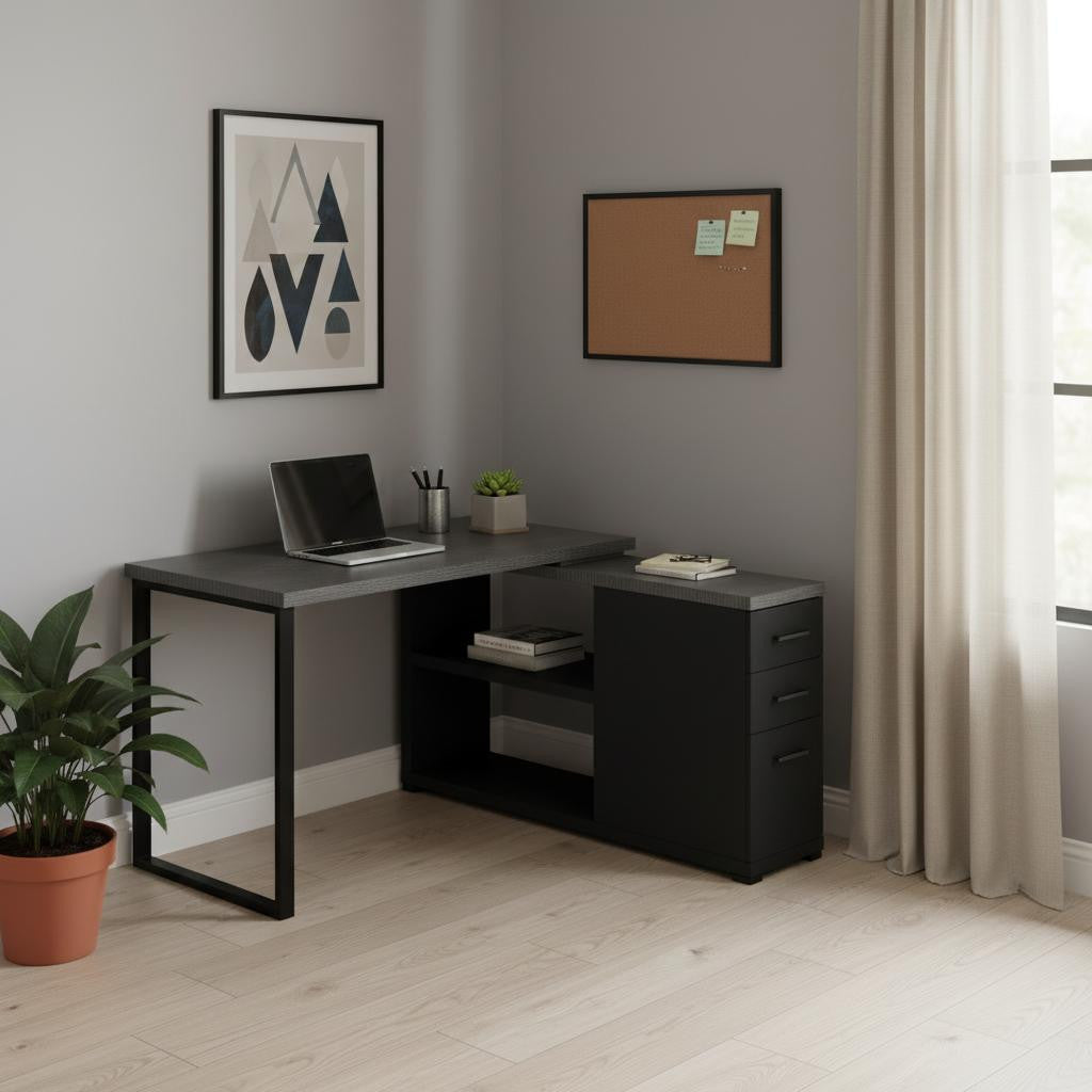 47" Gray and Black L Shape Computer Desk With Three Drawers