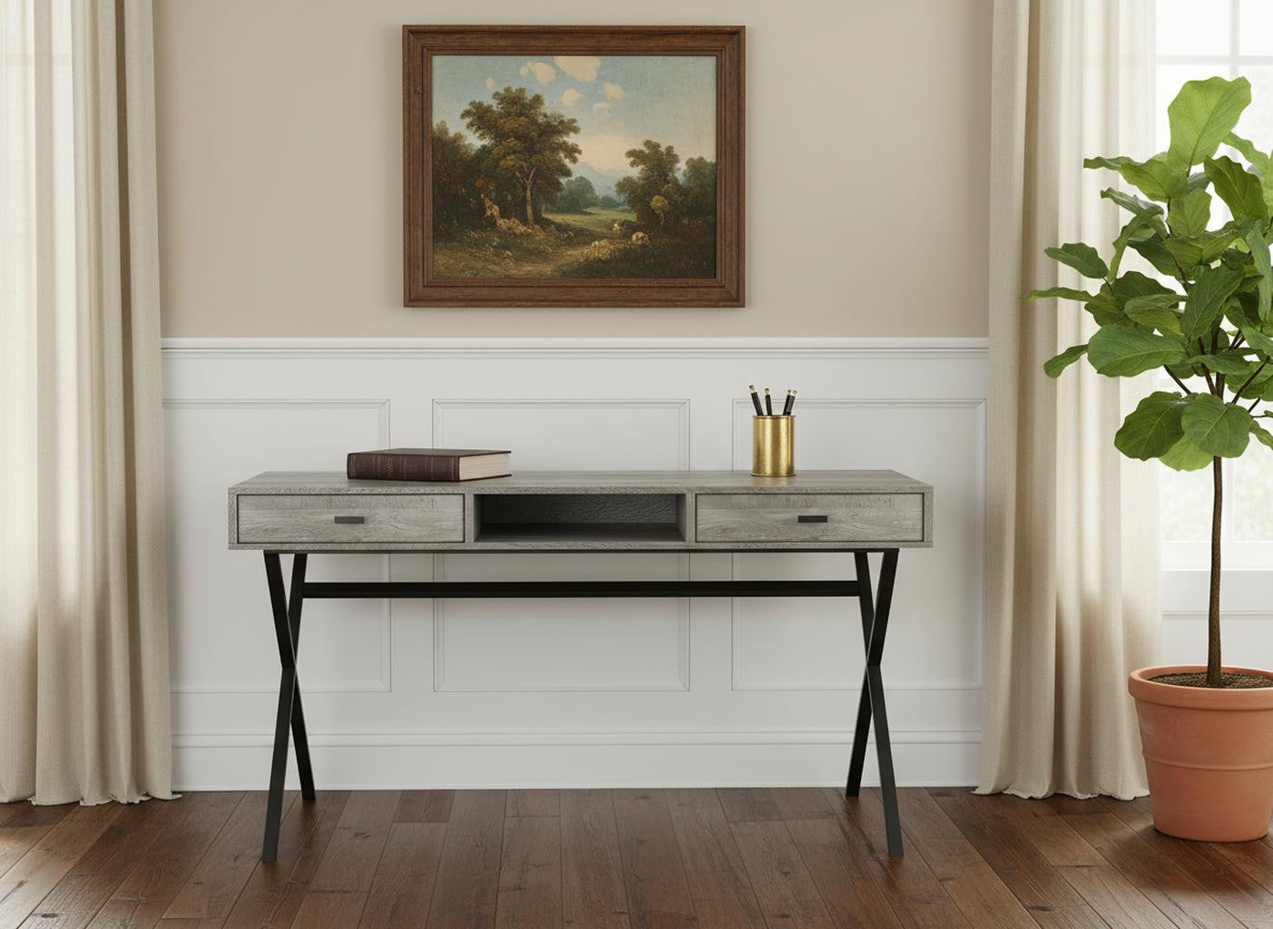 47" Gray and Black Computer Desk With Two Drawers