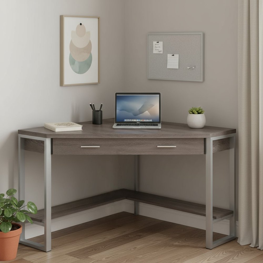 42" Dark Brown and Silver Corner Computer Desk