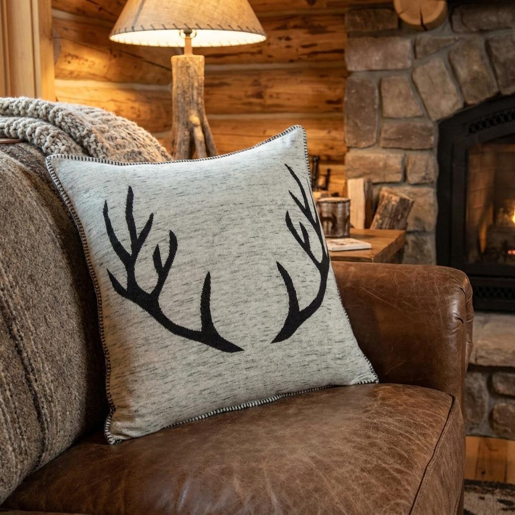 20" Gray And Black Lodge Antlers Cotton Throw Pillow