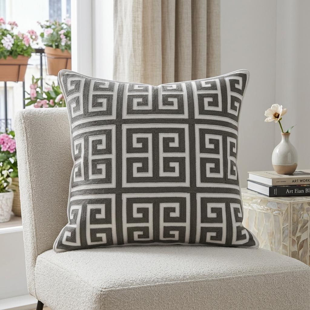 20" Gray and White Greek Key Cotton Throw Pillow