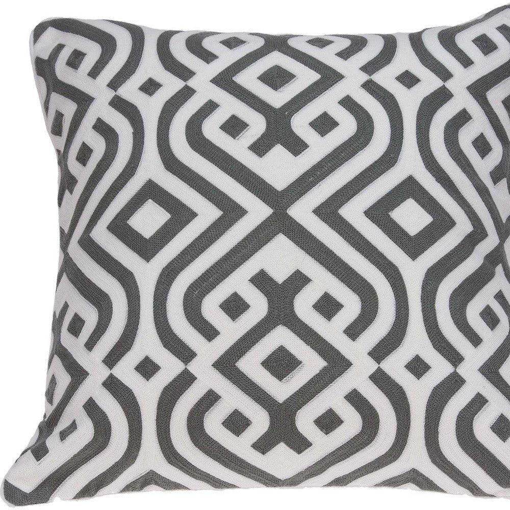 20" Gray And White Stencil Cotton Throw Pillow