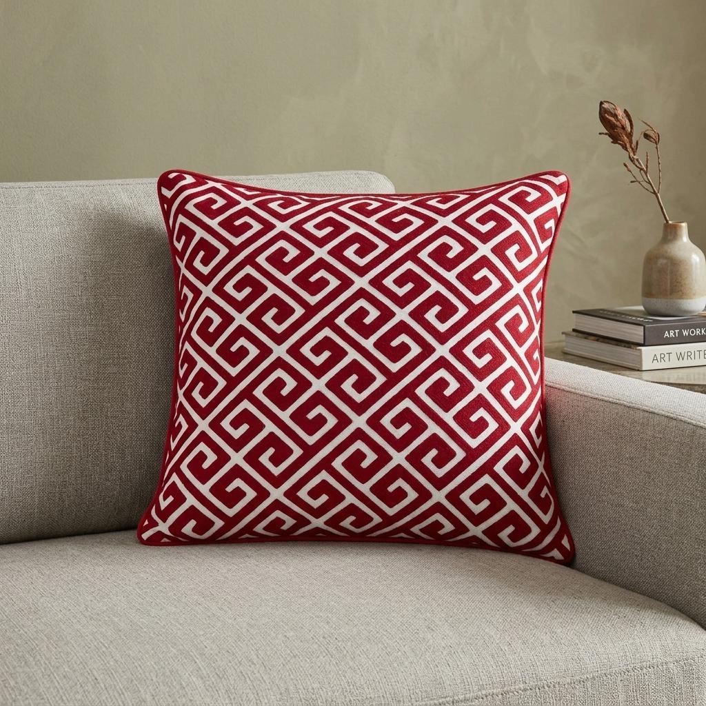 20" X 7" X 20" Transitional Red And White Cotton Pillow Cover With Poly Insert