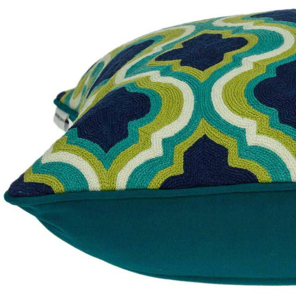 20" Navy Blue Yellow And Teal Quatrefoil Cotton Throw Pillow