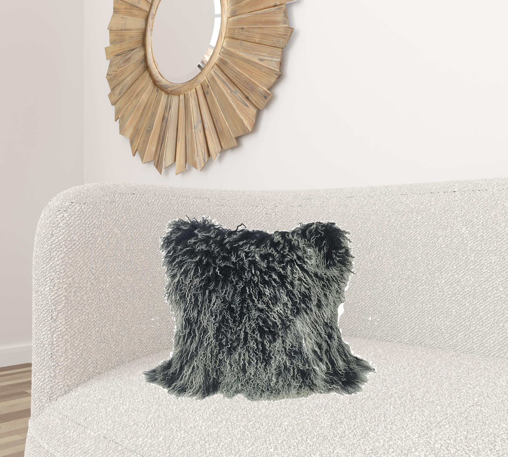 20" Black White Genuine Tibetan Lamb Fur Pillow With Microsuede Backing