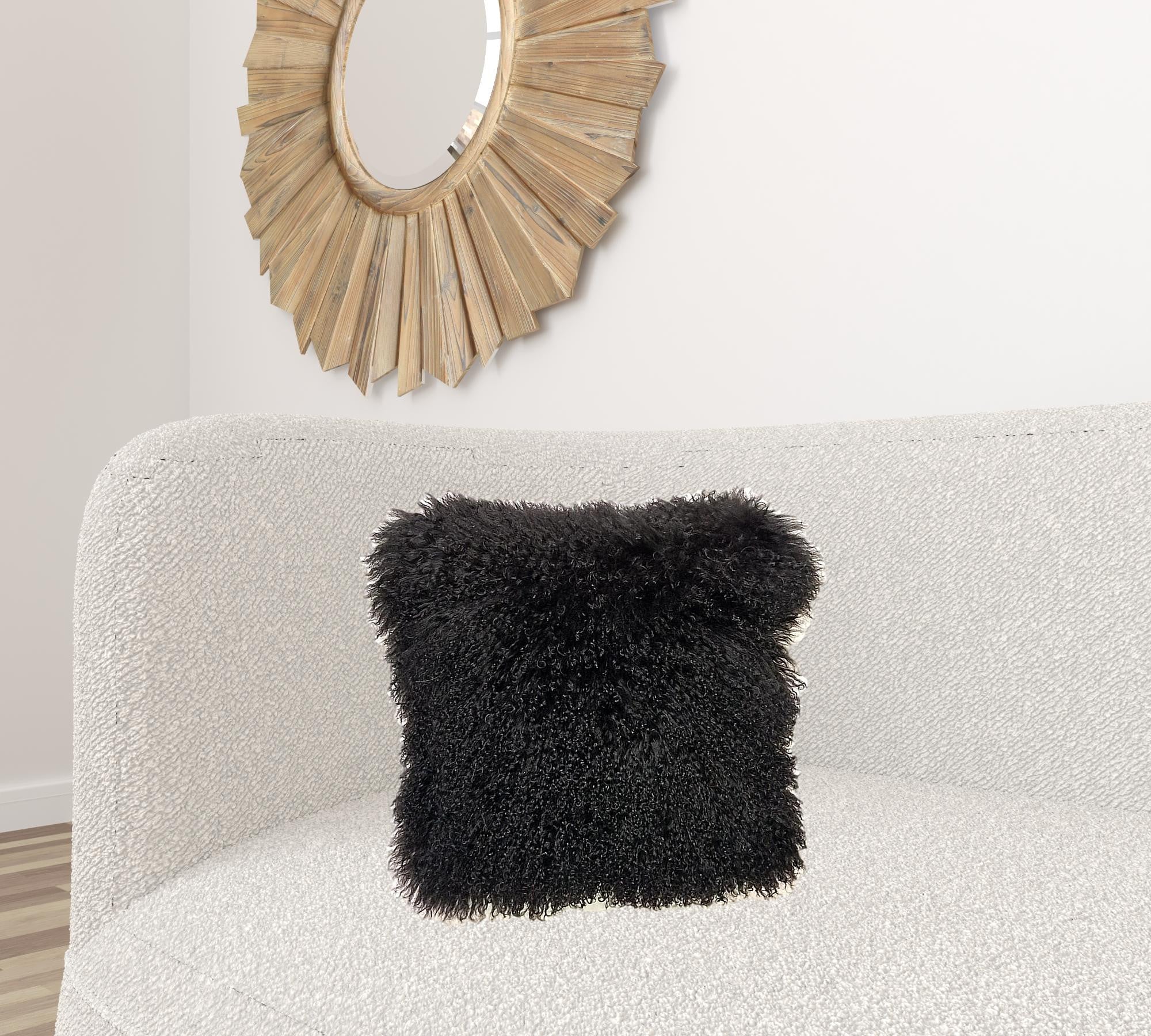 20" Black Genuine Tibetan Lamb Fur Pillow With Microsuede Backing