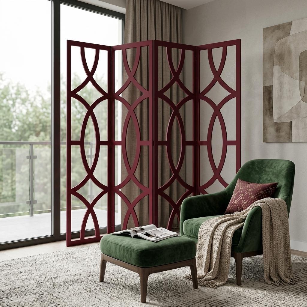 84" Red Solid Wood Folding Four Panel Screen Room Divider