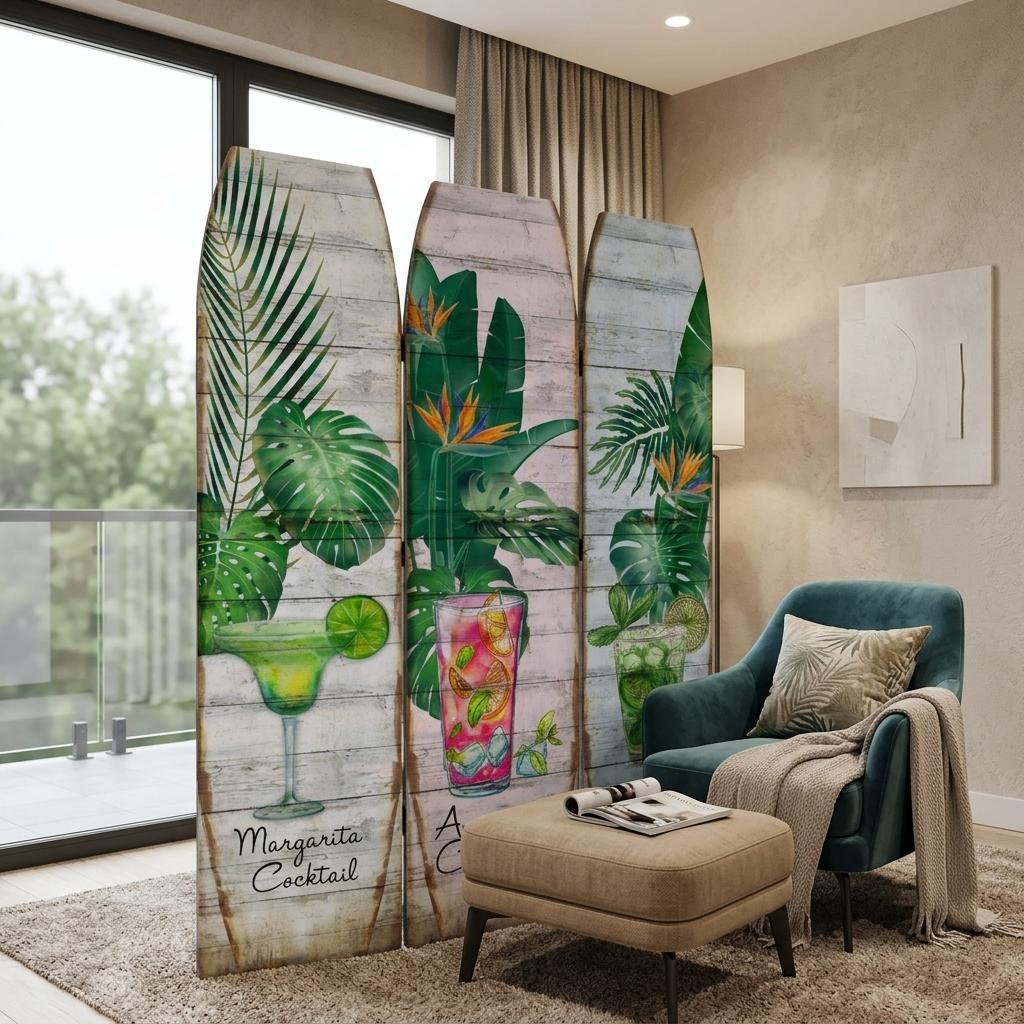 71" Green Solid Wood Folding Three Panel Screen Room Divider