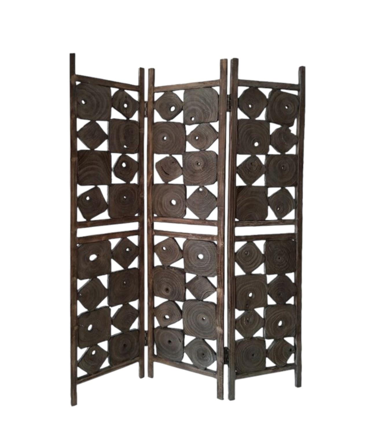 71" Brown Solid Wood Folding Three Panel Screen Room Divider