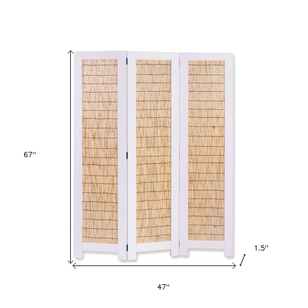 67" Natural And White Wood Folding Three Panel Screen Room Divider