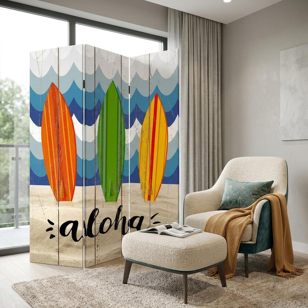 72" Blue and White Canvas Folding Three Panel Screen Room Divider