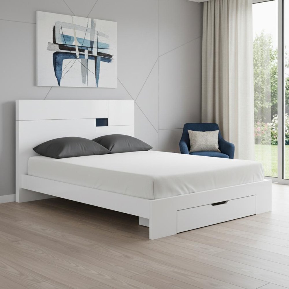 White Wood CA King Platform Bed Frame With Storage Drawer