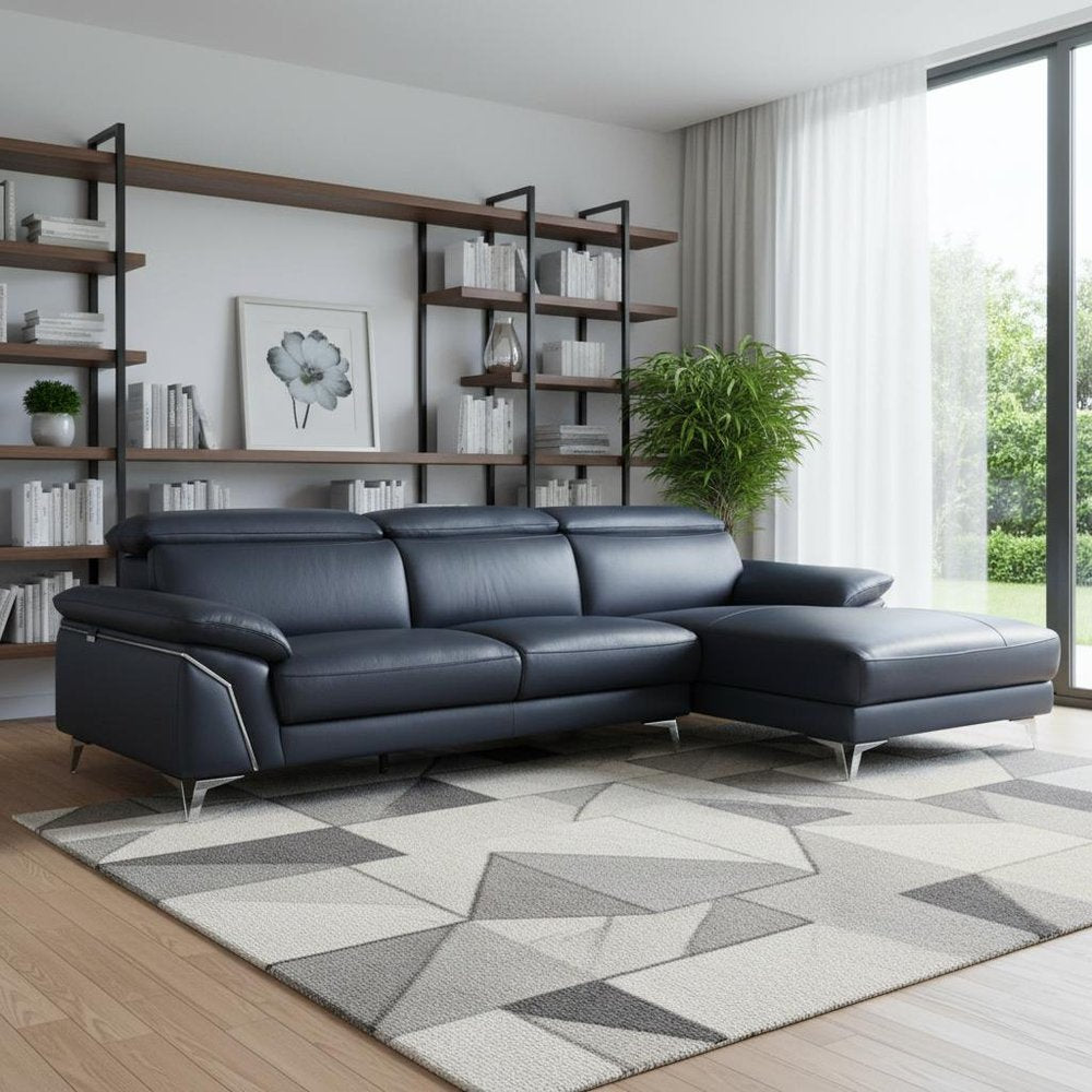 Navy Blue Italian Leather L Shaped Two Piece Sofa and Chaise Sectional