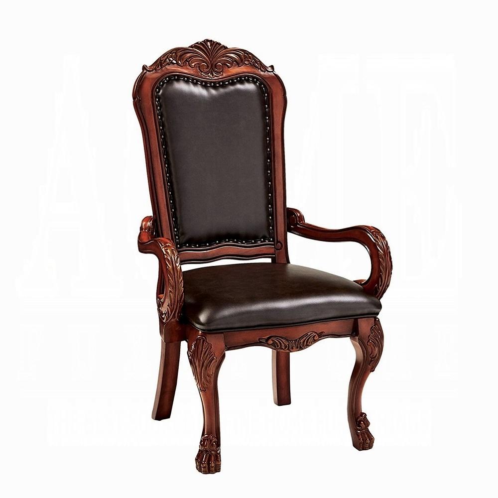 Set of Two Brown Upholstered Faux Leather Queen Anne Back Dining Arm Chairs