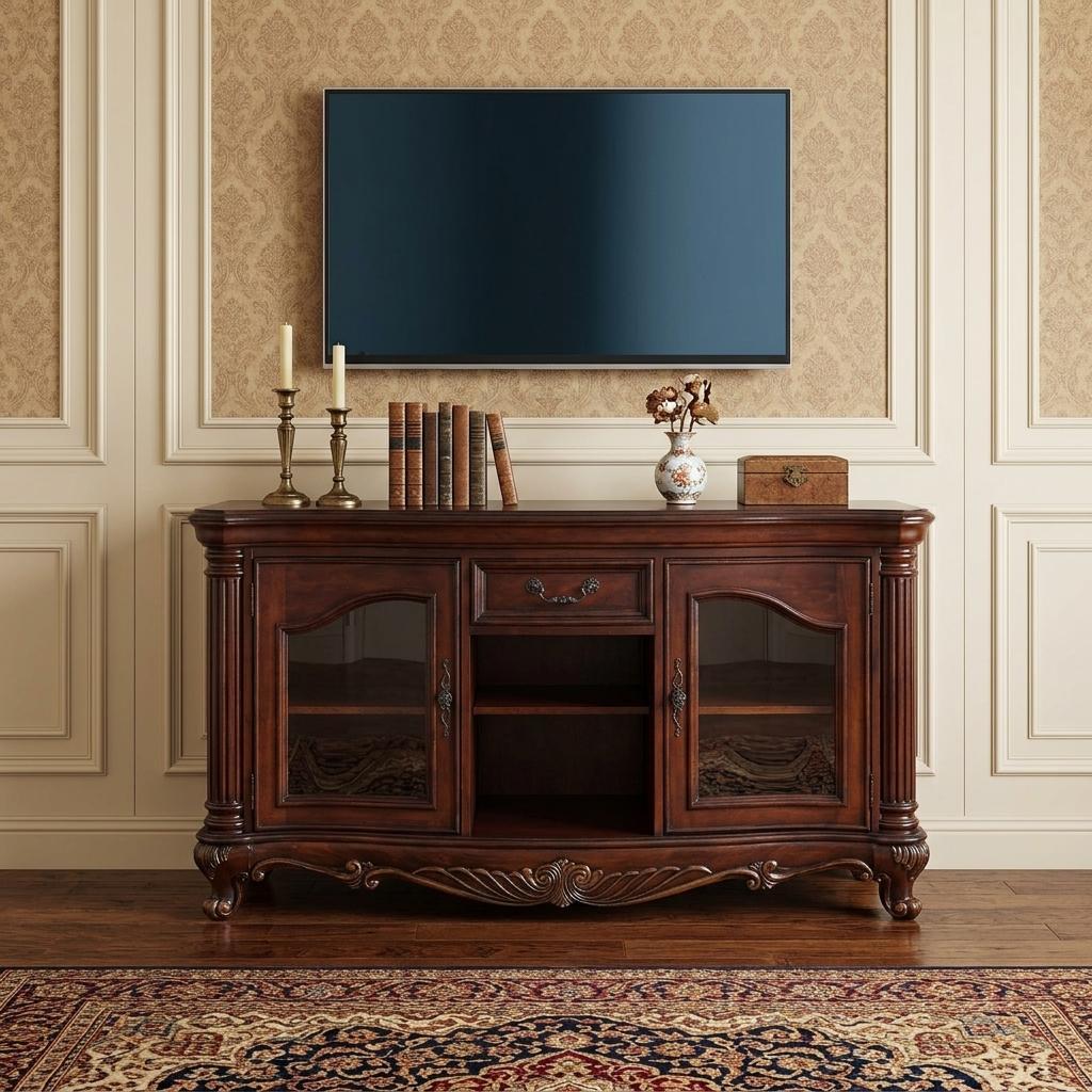 65" Brown Cherry Cabinet Enclosed Storage TV Stand with Bookcase