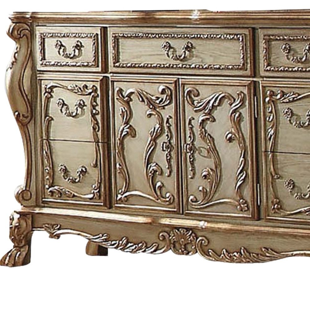66" Gold Solid Wood Carved Scrollwork Seven Drawer Sideboard with Two Doors