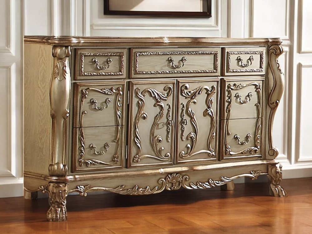 66" Gold Solid Wood Carved Scrollwork Seven Drawer Sideboard with Two Doors