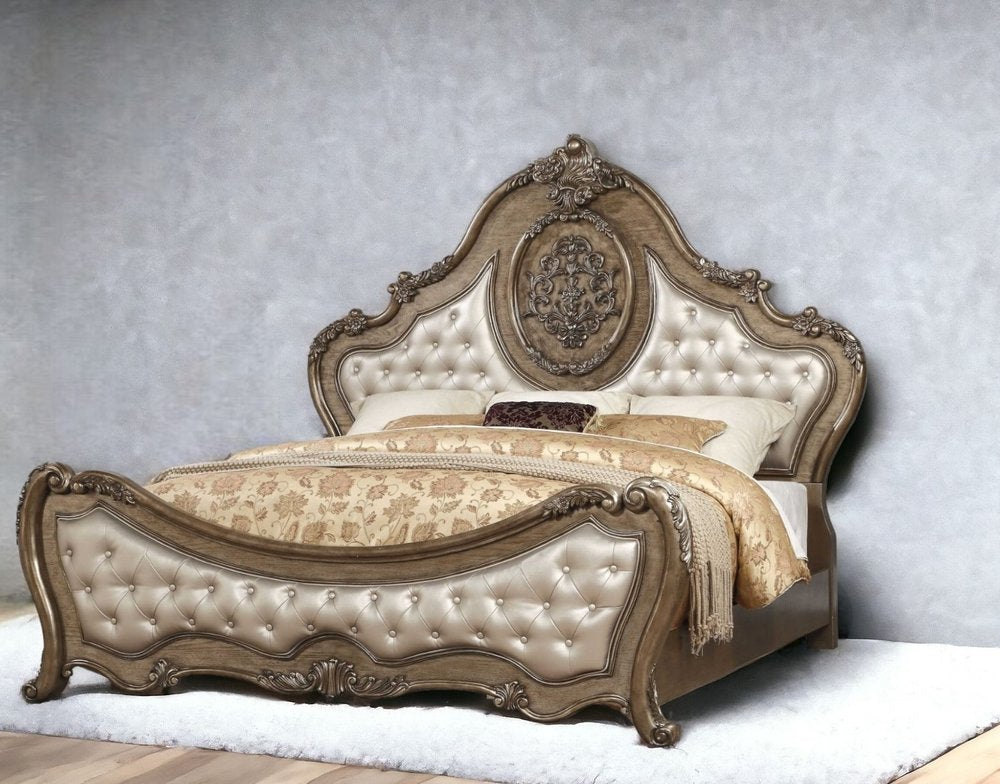 Oak and Bronze Solid Wood Tufted Upholstered Faux Leather Bed Frame