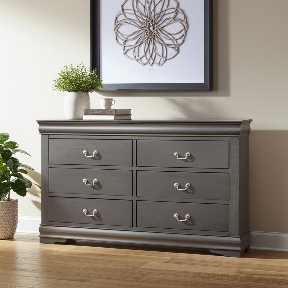 57" Gray Solid Wood Six Drawer Double Dresser