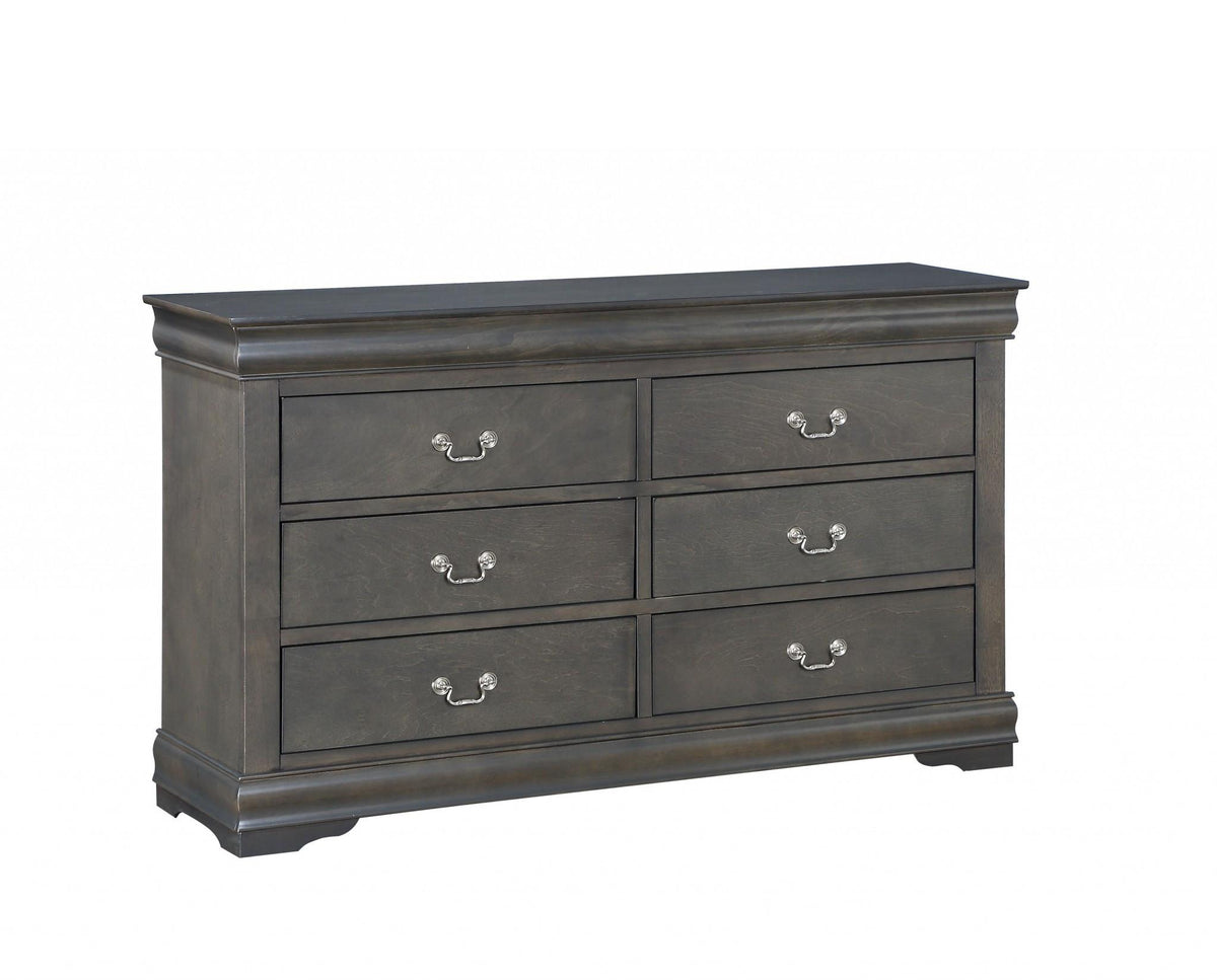 57" Gray Solid Wood Six Drawer Double Dresser