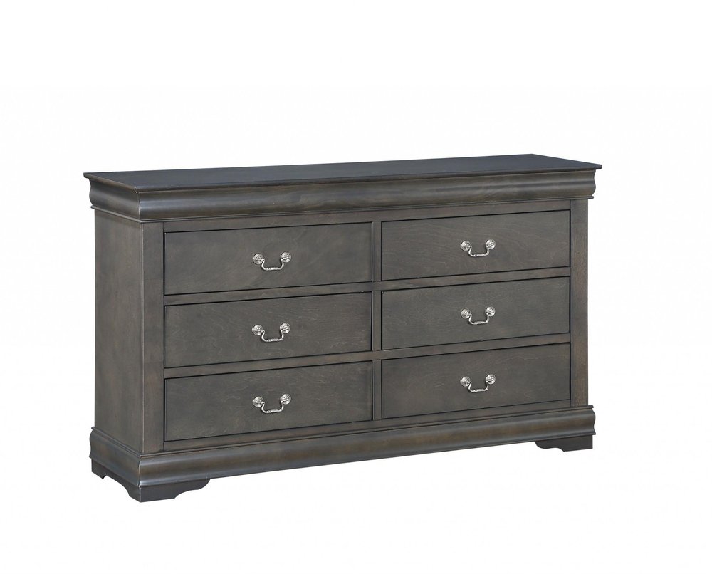 57" Gray Solid Wood Six Drawer Double Dresser