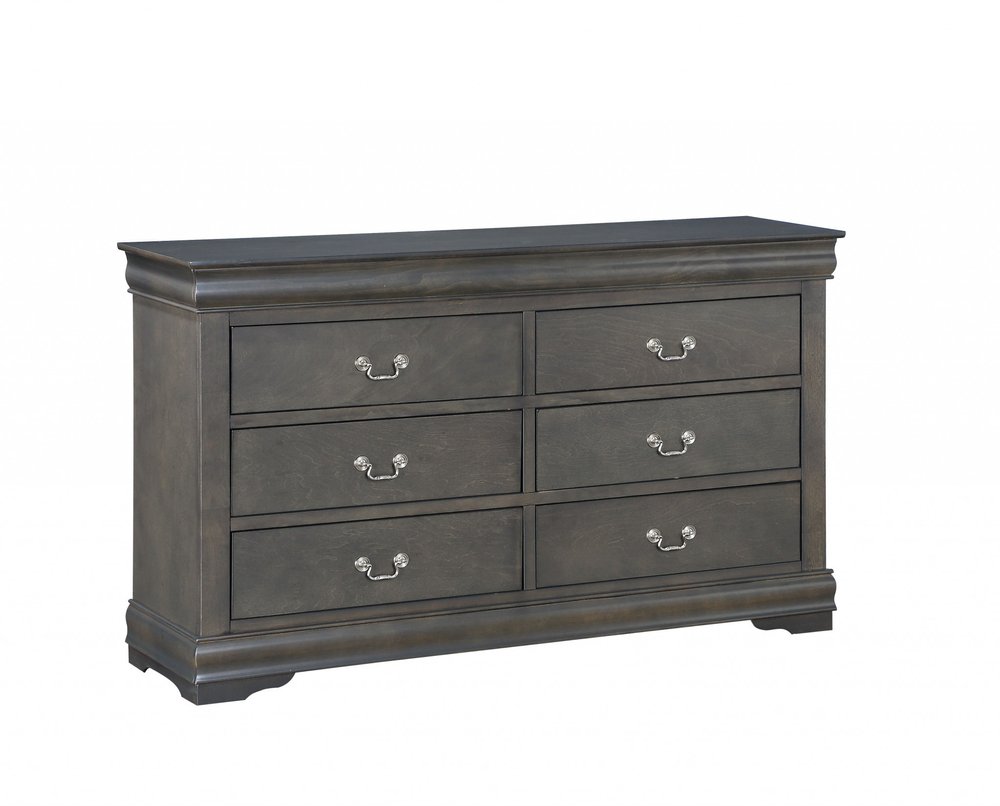57" Gray Solid Wood Six Drawer Double Dresser