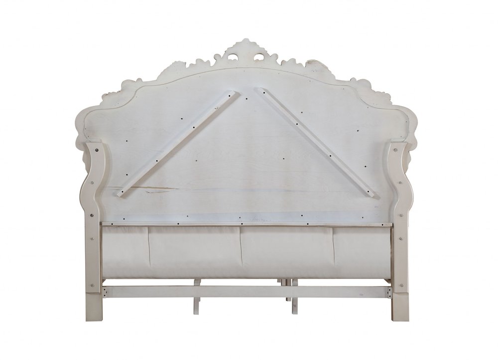 Antiqued White Wood And Tufted Silk Queen Bed Frame With Nailhead Trim