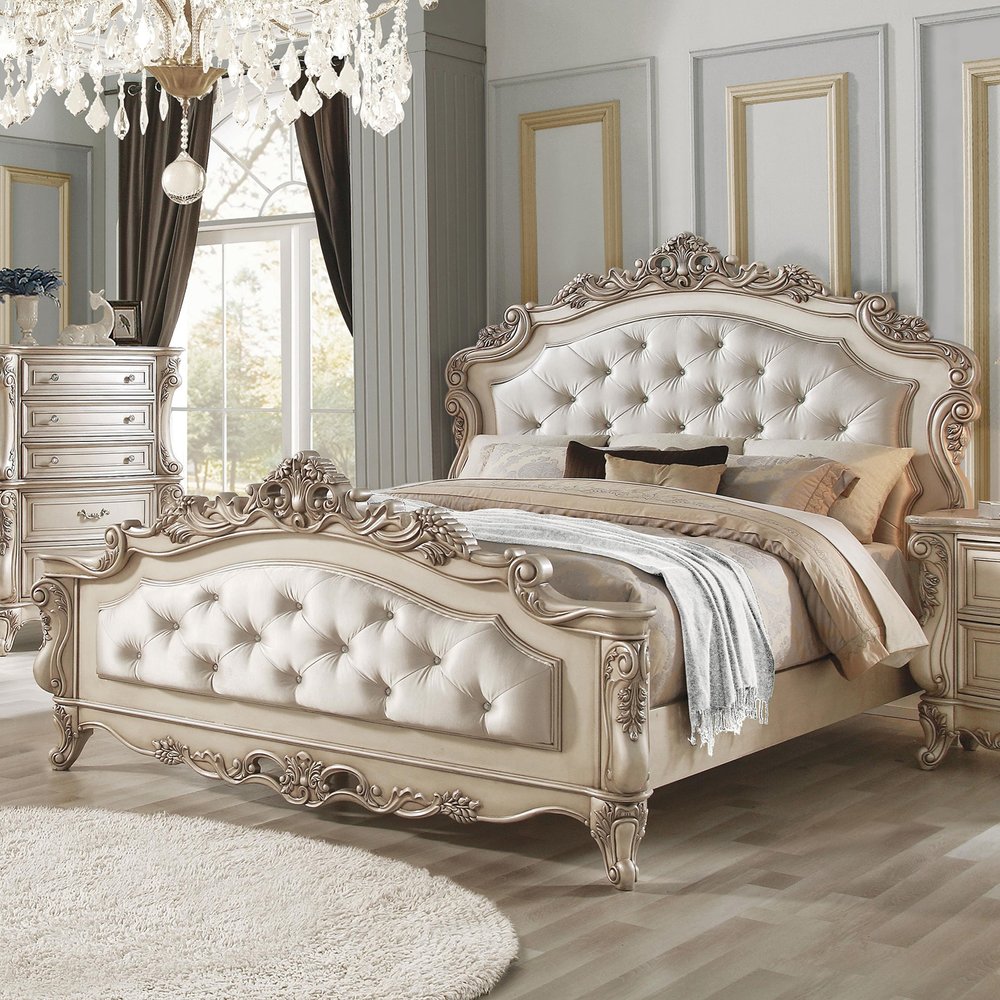 Antiqued White Wood And Tufted Silk Queen Bed Frame With Nailhead Trim