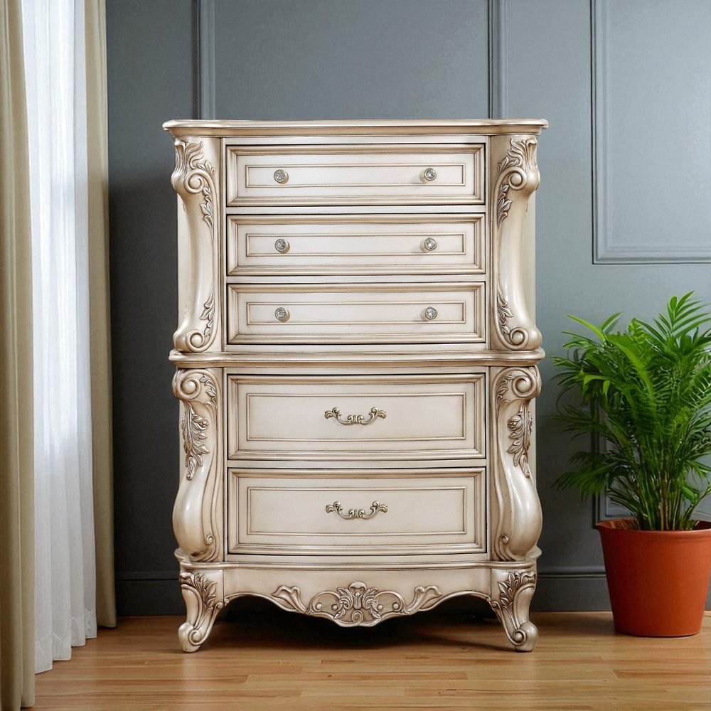 21" Antiqued White Wood Five Drawer Dresser